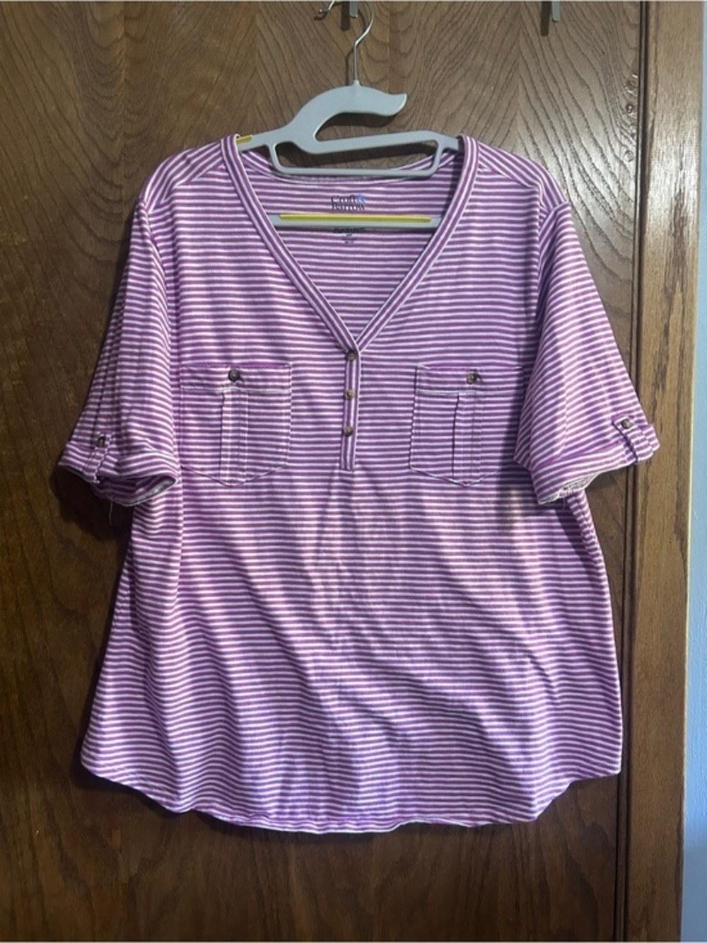 XXL croft & barrow Pink and White Striped V-Neck Henley short sleeve Top